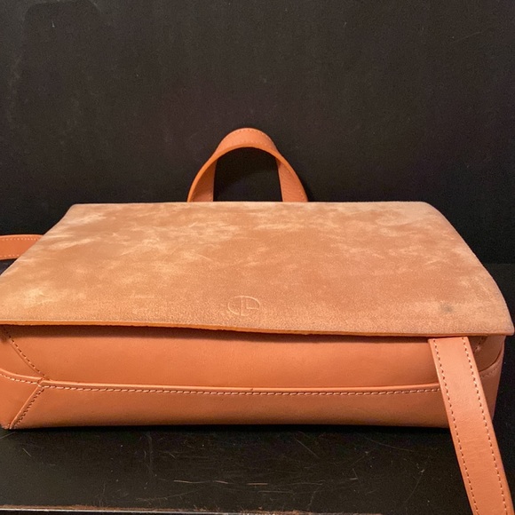 JANESSA LEONE Joan Suede & Leather Crossbody Satchel Bag in Camel Brown/Tan - Picture 10 of 12
